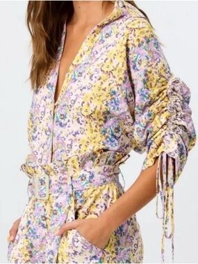 Laporte Floral Yellow Ruched-Sleeve Women’s Set (Blouse & Pants)